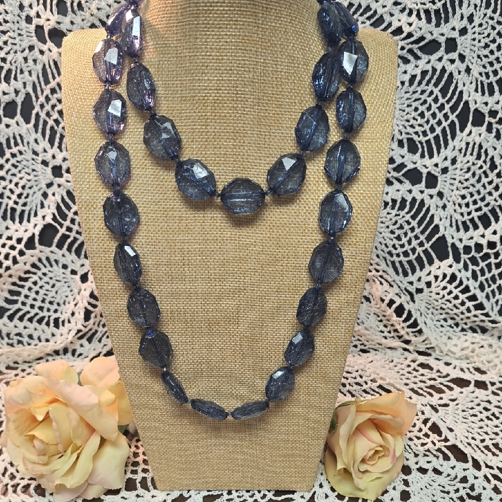 EsMor Vintage 24" Blue Crackled Beaded Statement Necklace Boho Retro Faceted